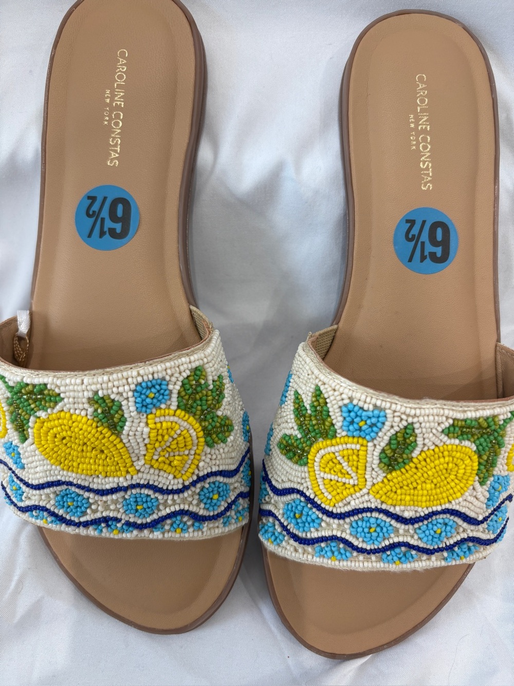 Caroline Constas Tan Slide Mules with Yellow Lemon Beadwork Amalfi Coast Vibe!